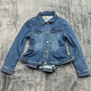 Nina Rossi Women Medium Wash Denim Peplum Jacket Size M 1106 Stretch Tiered Hem